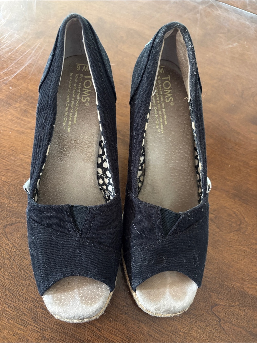 TOMS Black Canvas Open-Toe Wedge Espadrilles